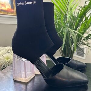 Palm Angels Black Sock Pumps Transparent Block Heel Leather Made in Italy EU 38